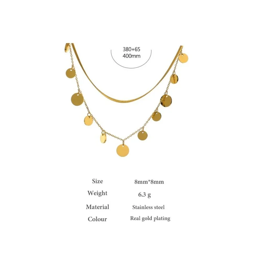 New 18K Gold Plated Coin Drop Double Layer Herringbone Necklace